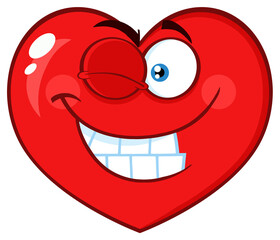 Smiling Red Heart Cartoon Emoji Face Character With Wink Expression. Hand Drawn Illustration Isolated On Transparent Background