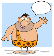 Funny Caveman Cartoon Character Waving With Speech Bubble. Hand Drawn Illustration Isolated On Transparent Background