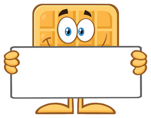 Smiling Square Waffle Cartoon Mascot Character Holding A Blank Sign. Hand Drawn Illustration Isolated On Transparent Background