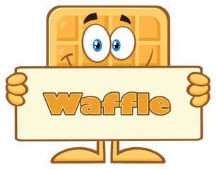 Square Waffle Cartoon Mascot Character Holding A Banner With Text. Hand Drawn Illustration Isolated On Transparent Background