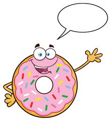 Donut Cartoon Mascot Character With Sprinkles Waving. Hand Drawn Illustration Isolated On Transparent Background