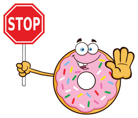 Donut Cartoon Mascot Character With Sprinkles Holding A Stop Sign. Hand Drawn Illustration Isolated On Transparent Background