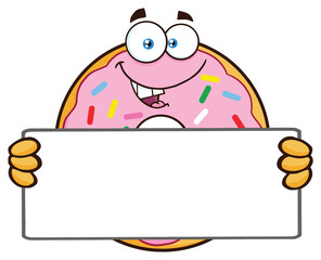 Donut Cartoon Mascot Character With Sprinkles Holding a Blank Sign. Hand Drawn Illustration Isolated On Transparent Background