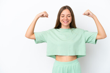 Young Lithuanian woman isolated on white background doing strong gesture