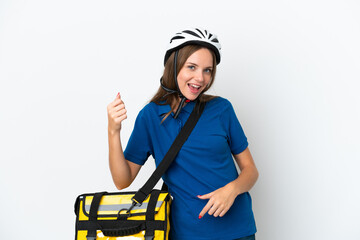 Lithuanian woman with thermal backpack making guitar gesture