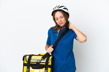 Lithuanian woman with thermal backpack with neckache