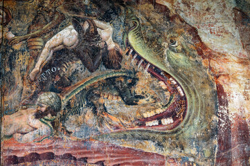 Detail. 14 C The Last Judgement and Hell by Bonamico di Martino da Firenze, Buffalmacco, in the Camposanto, Pisa, Tuscany Italy © David Matthew Lyons