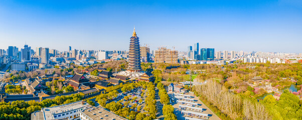 Aerial photography of Tianning Pagoda, Wenbi Pagoda, Hongmei Pavilion and Hongmei Park Scenic Spot...