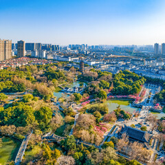 Aerial photography of Tianning Pagoda, Wenbi Pagoda, Hongmei Pavilion and Hongmei Park Scenic Spot in Changzhou City, Jiangsu Province, China