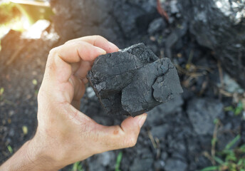 Raw Sub-Bituminous coal in a hand. It is a higher carbon content than lignite, used as a power source for electricity generation and industry.