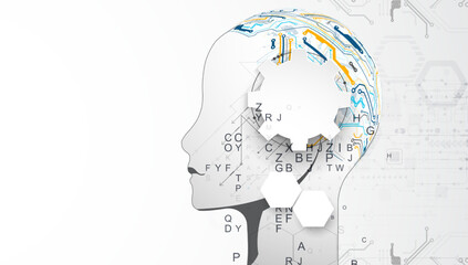 Artificial Intelligence. Technical background with a silhouette of a man. Big data concept. Machine cyber mind.