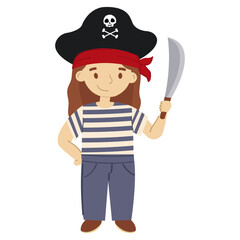 Cute girl dressed as a pirate holding a sword.