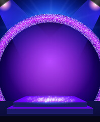 Vector empty blue dots spiral wall background with purple retro banner and sparkle arch for design
