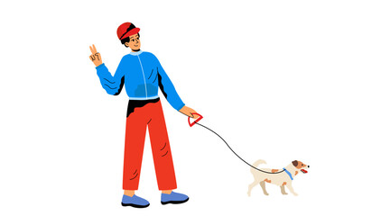 A man walks with a dog. A pet, a dog. Dog on a leash