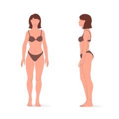Young caucasian woman, full body of a woman, front and side views. Isometric vector illustration of a person standing still and a person walking.