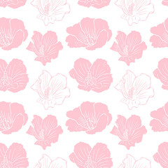 Vector seamless pattern with pink hibiscus. Background with flowers for the design of textiles, covers, flyers, hand drawing.