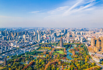 Aerial photography of Tianning Pagoda, Wenbi Pagoda, Hongmei Pavilion and Hongmei Park Scenic Spot in Changzhou City, Jiangsu Province, China