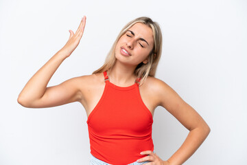 Young caucasian woman isolated on white background with tired and sick expression