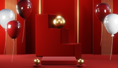 3D rendering of blank product background for cream cosmetics Modern red podium background