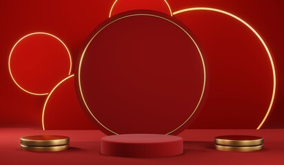 3D rendering of blank product background for cream cosmetics Modern red podium background