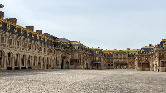 VERSAILLES, FRANCE 18.04.22 The Royal Palace in Versailles, garden view, panning video. High quality 4k footage