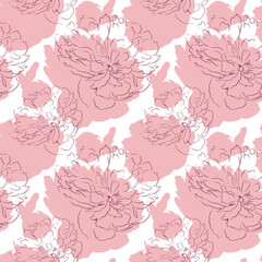 Seamless background of pink spots and contoured peony flowers, on a white background