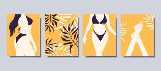 Modern bright posters. Minimalistic posters. Women in a bathing suit. Vector illustration