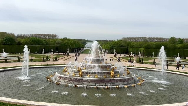 PARIS, FRANCE 18.04.22 the beautiful latona fountain in the gardens of chateau versailles in paris, france. High quality 4k footage