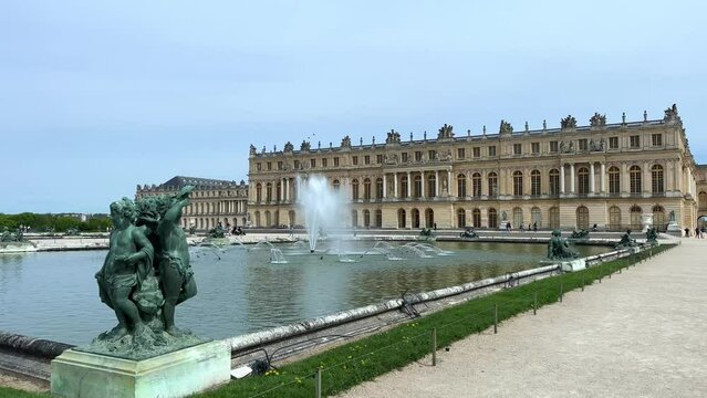 PARIS, FRANCE 18.04.22 the beautiful latona fountain in the gardens of chateau versailles in paris, france. High quality 4k footage