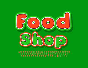 Vector bright Signboard Food Shop. Red and Green Font. Colorful Alphabet Letters, Numbers and Symbols set