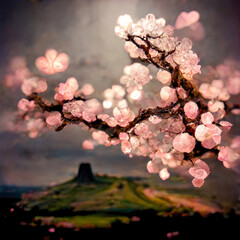 Blooming sakura on the background of the castle