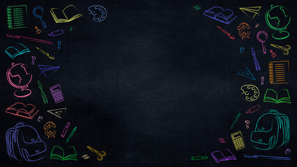 School subjects drawn with colored chalk on a dark board. In the center of the composition there is free space for entering your text