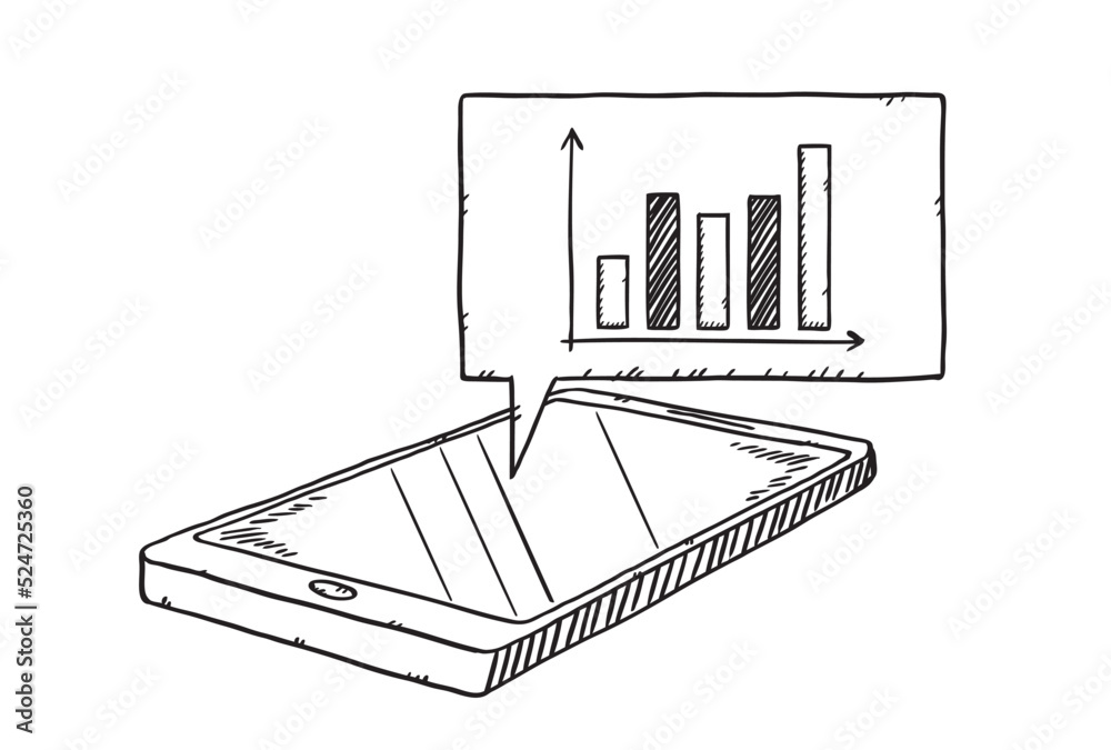 Wall mural sketch style illustration of column chart with financial growth analysis showing on cloud from mobil