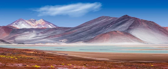 Papier Peint photo Violet pâle Panorama of a colorful mountain landscape with volcanoes and the salt lake 'Laguna de Talar' in the Andes in the north of Chile 