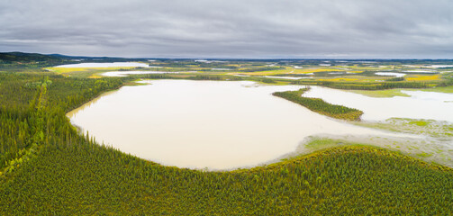 Aerial view over a landscape with wetlands and boreal forests in eastern Alaska
