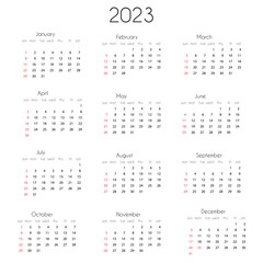 2023 Calendar year template. Vector illustration of annual calendar 2023, 12 month grid, week starts on Sunday