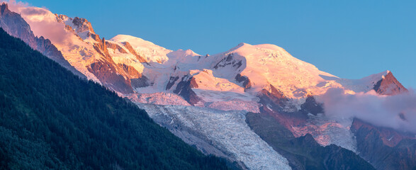 The panorama of Mont Blanc massif   in the sunset light.