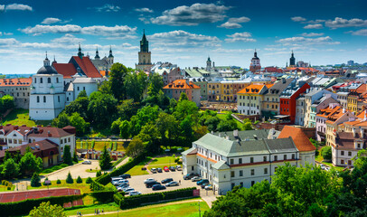 Lublin, Lubelskie Voivodeship / Poland - July 24 2022: View of the old town from the castle tower of the royal castle in Lublin. - obrazy, fototapety, plakaty