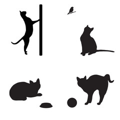 Cats Black Silhouettes Vector Art Set. Four Arts