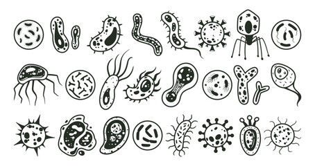 Obraz premium Bacteria and microbes, cartoon germs, microorganisms silhouettes. Cartoon biological organisms, viruses, bacteria, fungi flat vector illustration set. Microbes collection