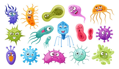 Fototapeta na wymiar Cartoon bacteria, microbes and viruses germs mascots. Cute microorganisms, bacteria with facial emotions flat vector symbols illustration set. Funny bacteria and viruses