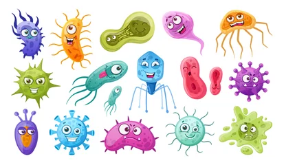 Fotobehang Cartoon bacteria, microbes and viruses germs mascots. Cute microorganisms, bacteria with facial emotions flat vector symbols illustration set. Funny bacteria and viruses © GreenSkyStudio