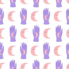 Seamless pattern with purple gloves and crescent moon with cute face. Vector flat background