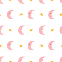 Seamless pattern with crescent moon with cute sleepy face and stars. Vector flat background