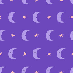 Obraz na płótnie Canvas Seamless pattern with crescent moon with cute sleepy face and stars. Vector flat background