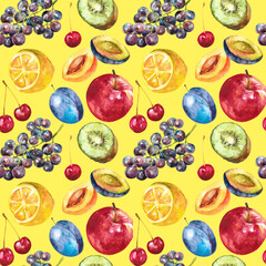 Watercolor pattern. Set of various fruits on a yellow background. Kiwi, apples, plums, grapes, etc