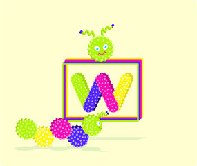 Collection of isolated worm, letter W, worm face and rectangle. Set of cute, colorful, friendly children on isolated vector images on yellow background