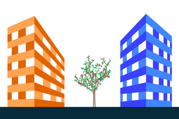 Isometric cityscape in with two schematic houses and one frame blooming tree. An illustration of the problem of urban greening.