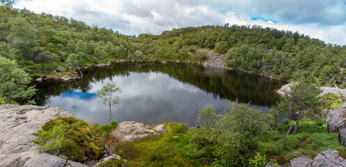 Fototapeta na wymiar Tjødnane lakes Prekestolen (Preikestolen) in Rogaland in Norway (Norwegen, Norge or Noreg)