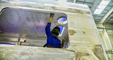 Fototapeta premium Workshop for assembling metal frames for subway cars, trams and trains.